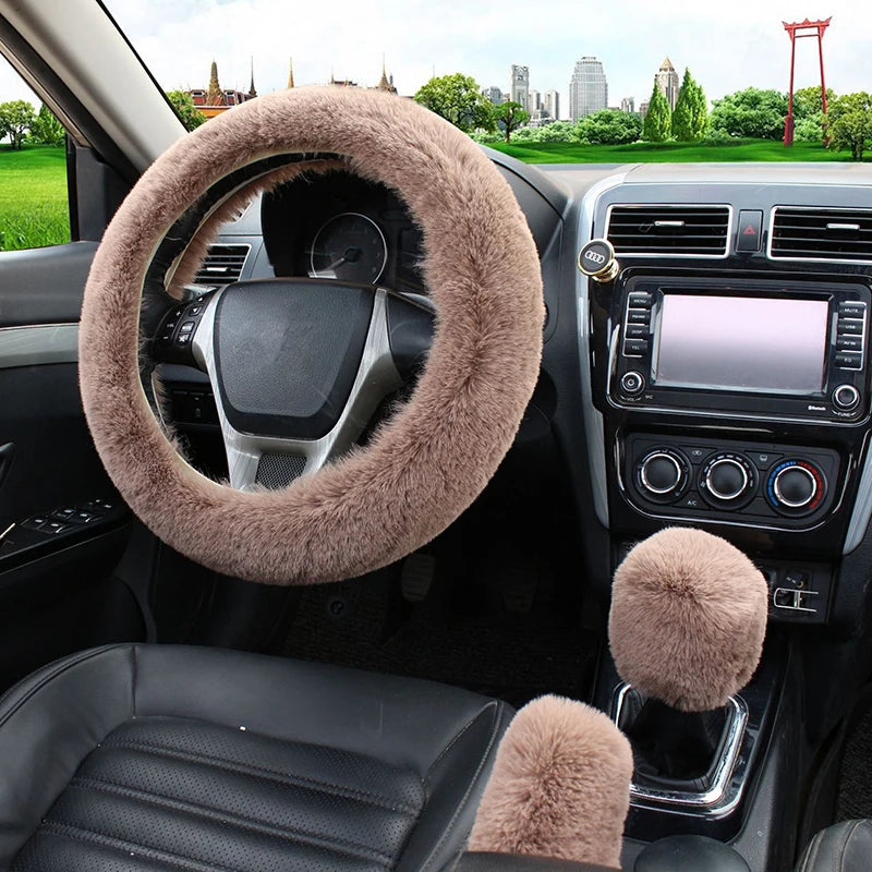 Artificial Rabbit Fur Car Steering Wheel Cover Warm Winter Car Handbrake Shift Cover Three-piece Set Heating Steering Wheel 38cm Freshtrendingproduct