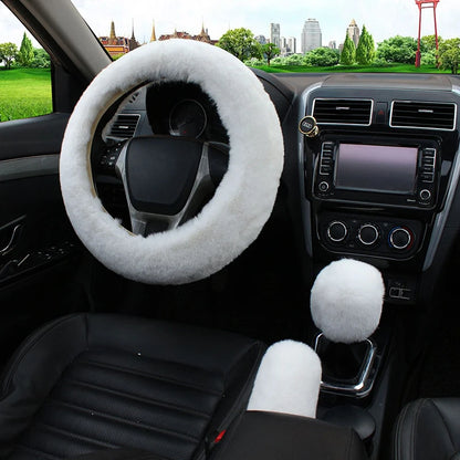 Artificial Rabbit Fur Car Steering Wheel Cover Warm Winter Car Handbrake Shift Cover Three-piece Set Heating Steering Wheel 38cm Freshtrendingproduct