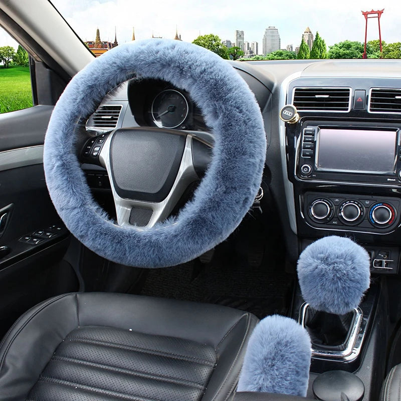 Artificial Rabbit Fur Car Steering Wheel Cover Warm Winter Car Handbrake Shift Cover Three-piece Set Heating Steering Wheel 38cm Freshtrendingproduct