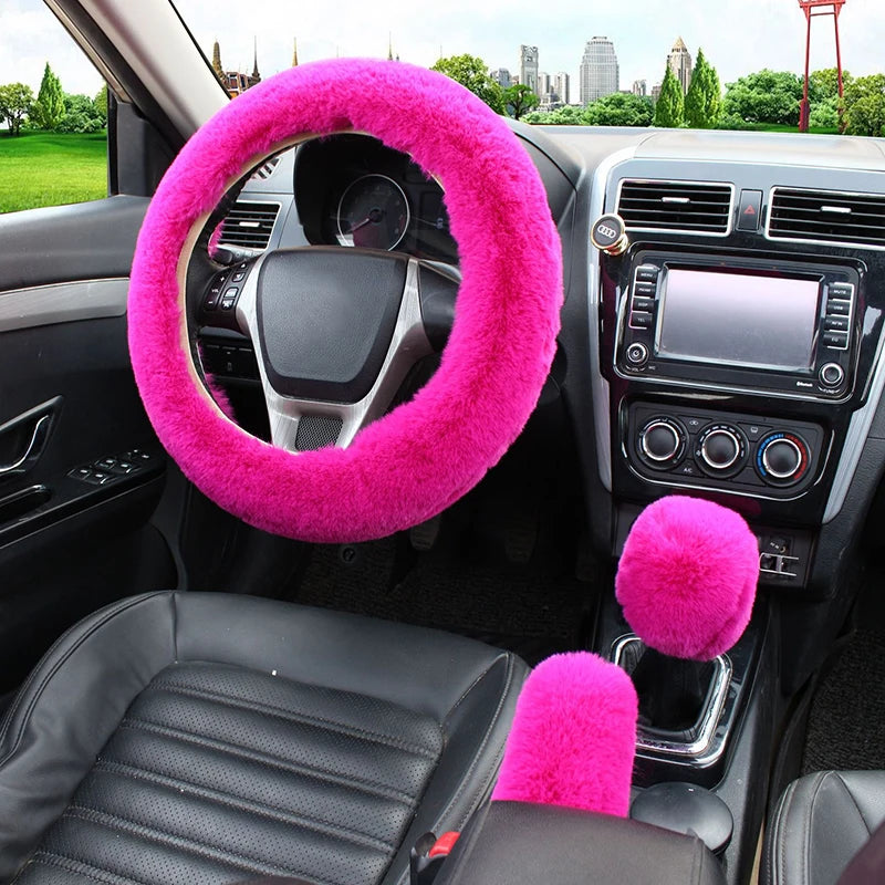 Artificial Rabbit Fur Car Steering Wheel Cover Warm Winter Car Handbrake Shift Cover Three-piece Set Heating Steering Wheel 38cm Freshtrendingproduct