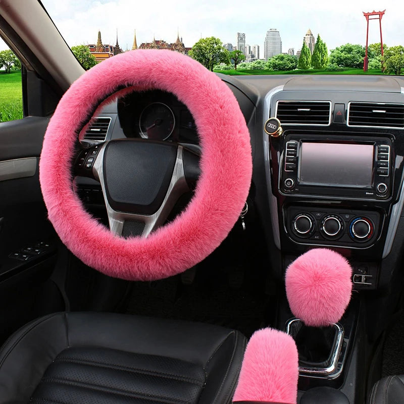 Artificial Rabbit Fur Car Steering Wheel Cover Warm Winter Car Handbrake Shift Cover Three-piece Set Heating Steering Wheel 38cm Freshtrendingproduct