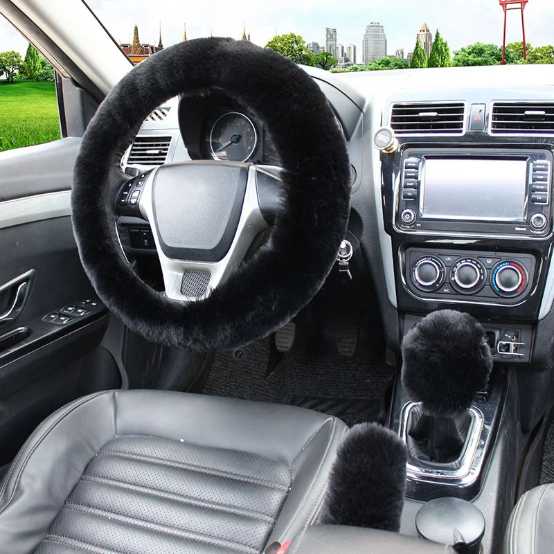 Artificial Rabbit Fur Car Steering Wheel Cover Warm Winter Car Handbrake Shift Cover Three-piece Set Heating Steering Wheel 38cm Freshtrendingproduct