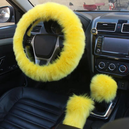 Artificial Rabbit Fur Car Steering Wheel Cover Warm Winter Car Handbrake Shift Cover Three-piece Set Heating Steering Wheel 38cm Freshtrendingproduct