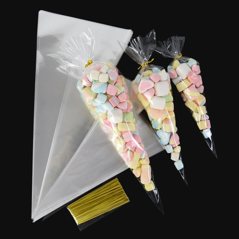 50pcs Clear Cone Candy Storage Bags Cones Transprant Plastic Bag Popcorn Candy Bags for Baby Shower Wedding Party Bags Supplies Freshtrendingproduct