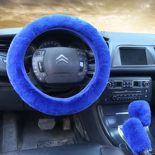 Artificial Rabbit Fur Car Steering Wheel Cover Warm Winter Car Handbrake Shift Cover Three-piece Set Heating Steering Wheel 38cm Freshtrendingproduct