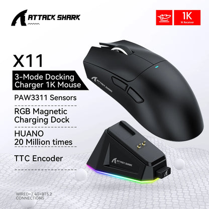 Attack Shark X11 Wireless Mouse,Tri-Mode Connection 2.4GHz/Wired/Bluetooth PAW3311 22000DPI 400IPS RGB  PC Gaming Mouse Freshtrendingproduct