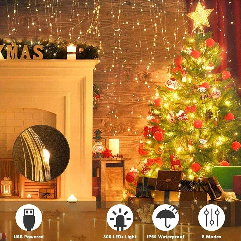 3M LED Curtain String Lights Fairy Decoration USB Holiday Garland Lamp 8 Mode For Home Garden Christmas Party New Year Wedding Freshtrendingproduct