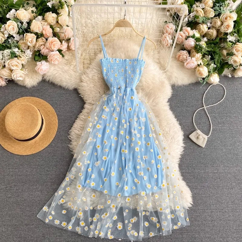 YuooMuoo Women Dress 2024 New Korean Fashion Floral Print Spaghetti Straps Mesh Party Dress Vacation Style Lady Beach Vestidos Freshtrendingproduct