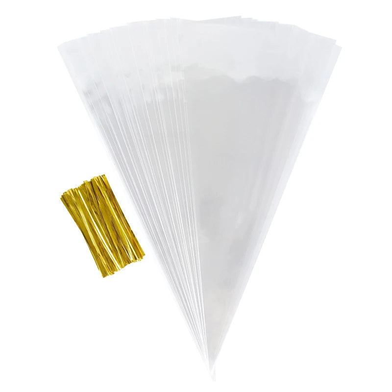 50pcs Clear Cone Candy Storage Bags Cones Transprant Plastic Bag Popcorn Candy Bags for Baby Shower Wedding Party Bags Supplies Freshtrendingproduct