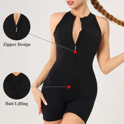 Scrunch Gym Jumpsuit Women's Fitness Suit Short Sets Sports Overalls for Woman Tracksuit Yoga Clothing Zipper Workout Sportswear Freshtrendingproduct