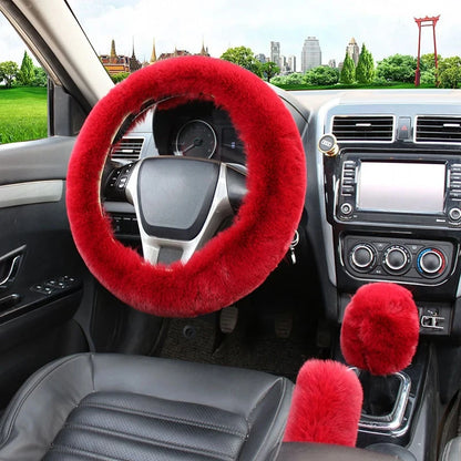 Artificial Rabbit Fur Car Steering Wheel Cover Warm Winter Car Handbrake Shift Cover Three-piece Set Heating Steering Wheel 38cm Freshtrendingproduct