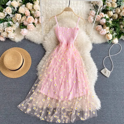 YuooMuoo Women Dress 2024 New Korean Fashion Floral Print Spaghetti Straps Mesh Party Dress Vacation Style Lady Beach Vestidos Freshtrendingproduct