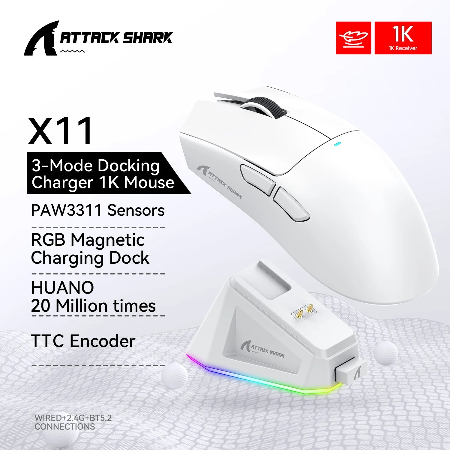 Attack Shark X11 Wireless Mouse,Tri-Mode Connection 2.4GHz/Wired/Bluetooth PAW3311 22000DPI 400IPS RGB  PC Gaming Mouse Freshtrendingproduct