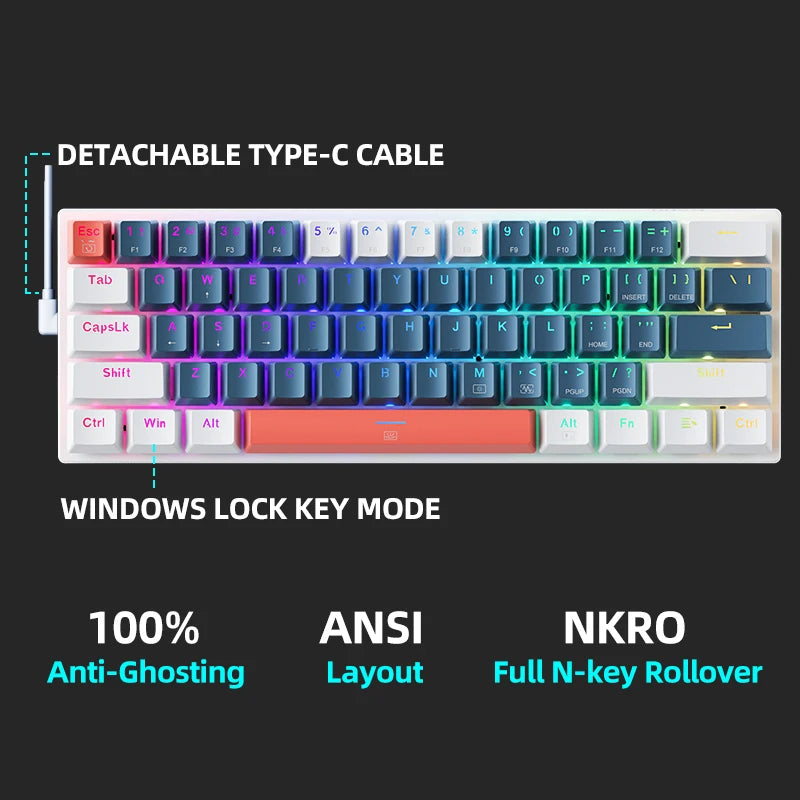 Machenike K500-B61 Mini Mechanical Keybaord 60% Form Factor 61Keys Gaming Keybaord Wired Full Key Hot-Swappable RGB Backlit Freshtrendingproduct