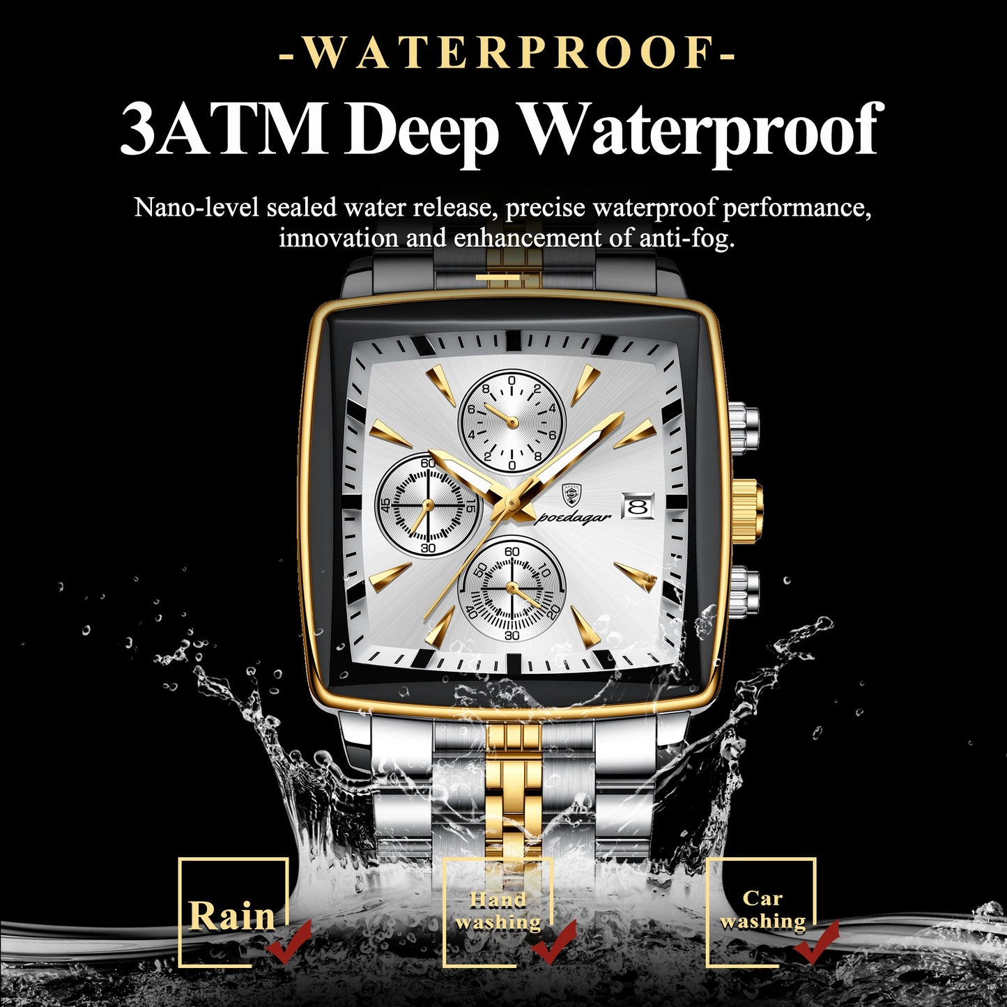 POEDAGAR Luxury Square Sport Man Wristwatch Waterproof Luminous Chronograph Quartz Men's Watches Stainless Steel Men Watch Reloj Freshtrendingproduct