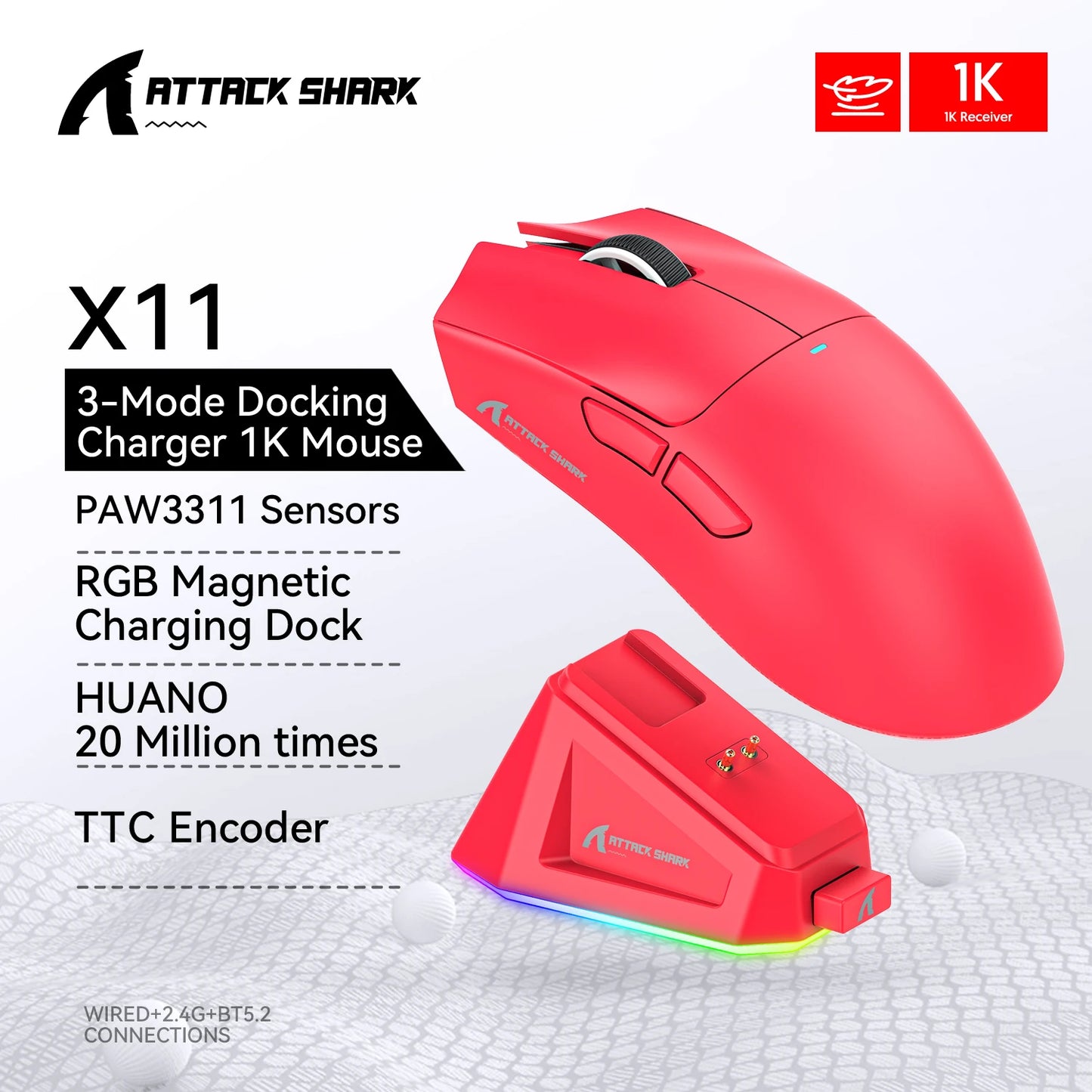 Attack Shark X11 Wireless Mouse,Tri-Mode Connection 2.4GHz/Wired/Bluetooth PAW3311 22000DPI 400IPS RGB  PC Gaming Mouse Freshtrendingproduct