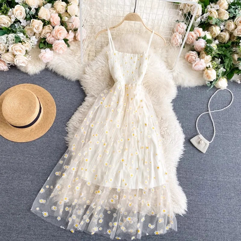 YuooMuoo Women Dress 2024 New Korean Fashion Floral Print Spaghetti Straps Mesh Party Dress Vacation Style Lady Beach Vestidos Freshtrendingproduct