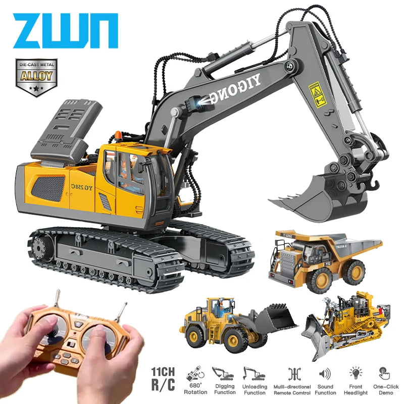 ZWN 2.4G Remote Control Excavator Dump Truck RC Model Car Toy Professional Alloy Plastic Simulation Construction Vehicle for Kid Freshtrendingproduct