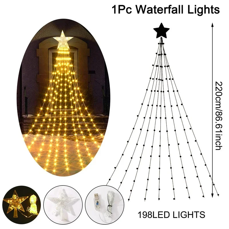 Christmas Waterfall Fairy String Lights with Topper Star, Christmas Tree Decorations for Home 2024 Navidad Natal New Year 2025 Freshtrendingproduct