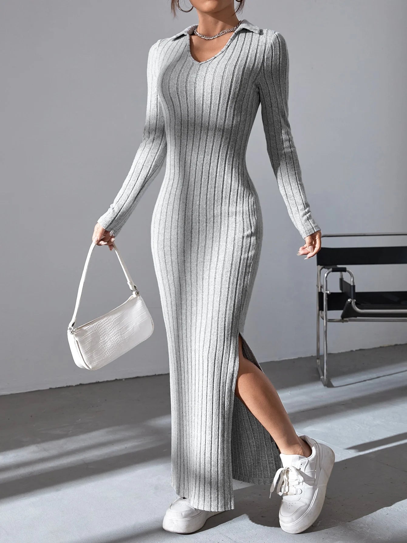 Women sexy knit V-neck reverse neck split dress autumn winter full sleeve elastic basic body sweater Freshtrendingproduct