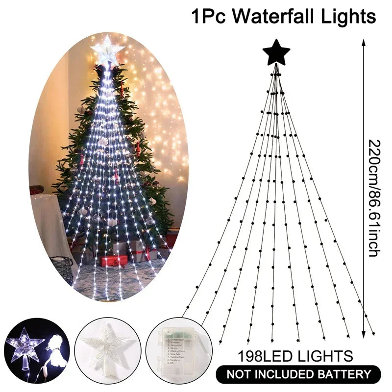 Christmas Waterfall Fairy String Lights with Topper Star, Christmas Tree Decorations for Home 2024 Navidad Natal New Year 2025 Freshtrendingproduct