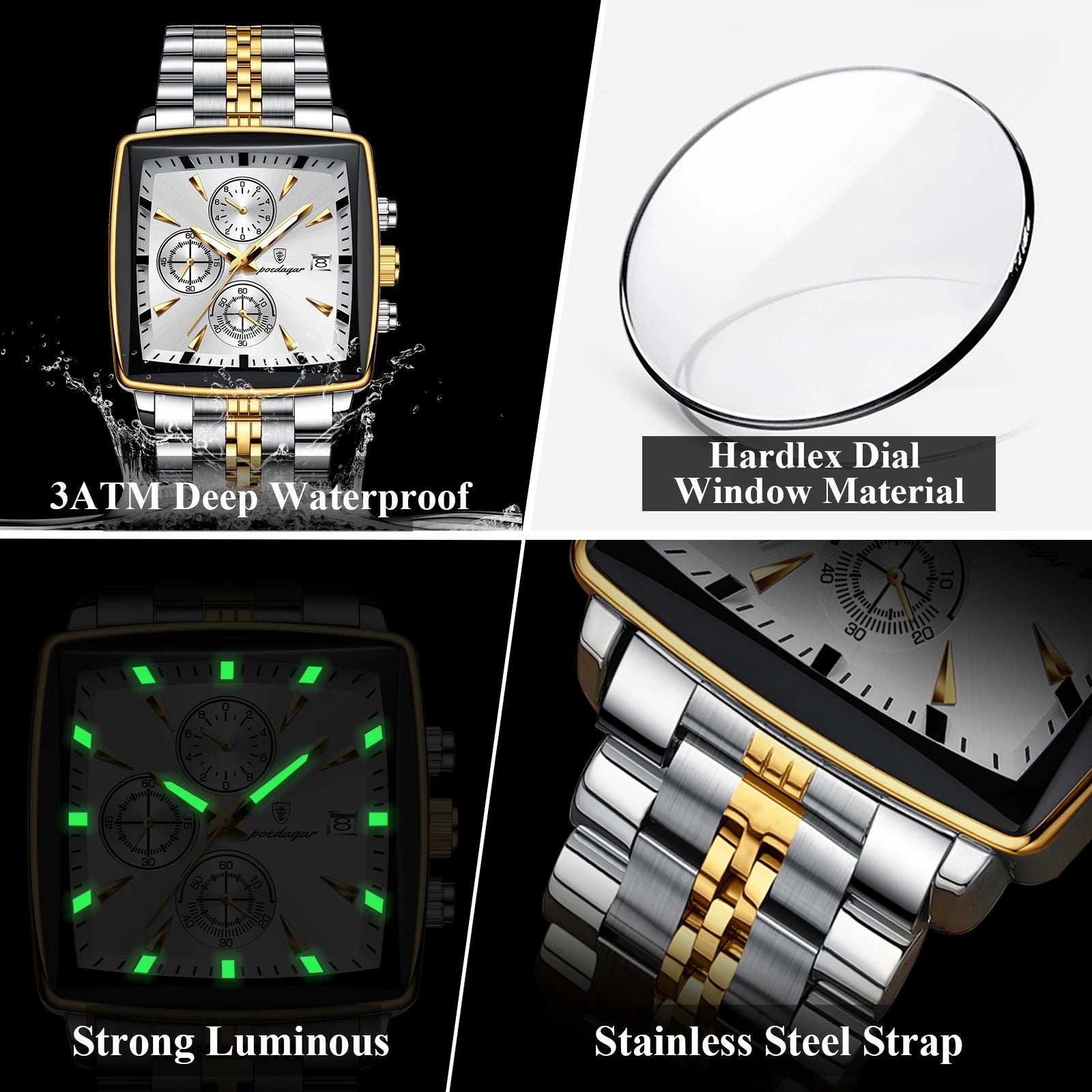 POEDAGAR Luxury Square Sport Man Wristwatch Waterproof Luminous Chronograph Quartz Men's Watches Stainless Steel Men Watch Reloj Freshtrendingproduct