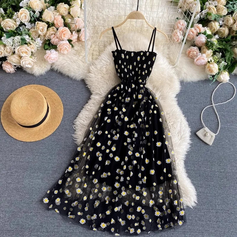 YuooMuoo Women Dress 2024 New Korean Fashion Floral Print Spaghetti Straps Mesh Party Dress Vacation Style Lady Beach Vestidos Freshtrendingproduct