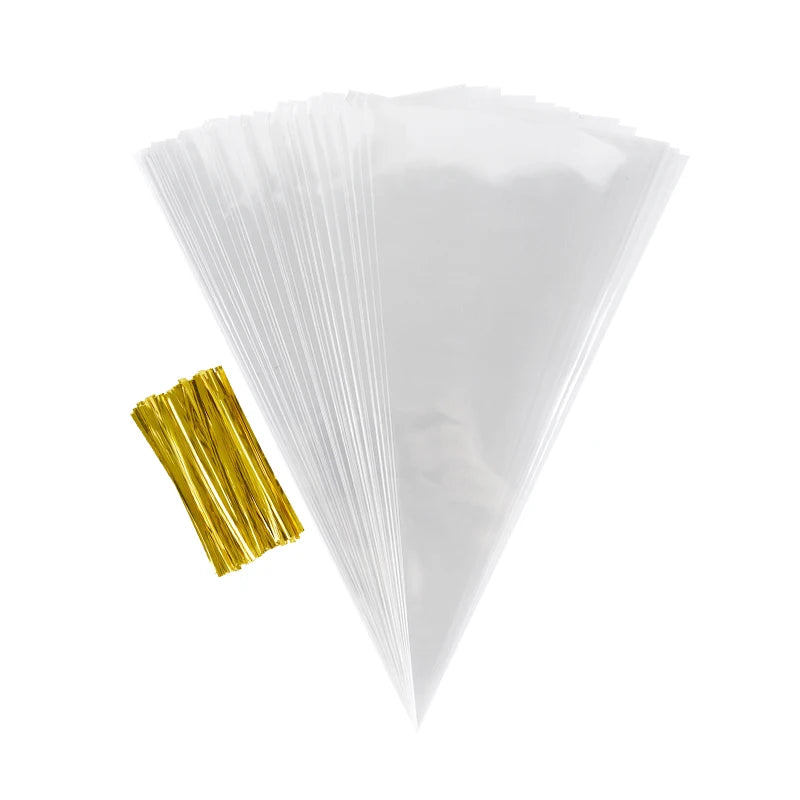 50pcs Clear Cone Candy Storage Bags Cones Transprant Plastic Bag Popcorn Candy Bags for Baby Shower Wedding Party Bags Supplies Freshtrendingproduct