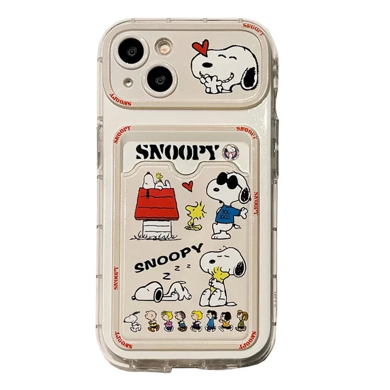 Cute Cartoon Peanut Snoopy Card Holder Pocket Phone Case For iPhone 16 15 14 13 12 11 Pro Max Cases Soft TPU Cover With Lanyard Freshtrendingproduct