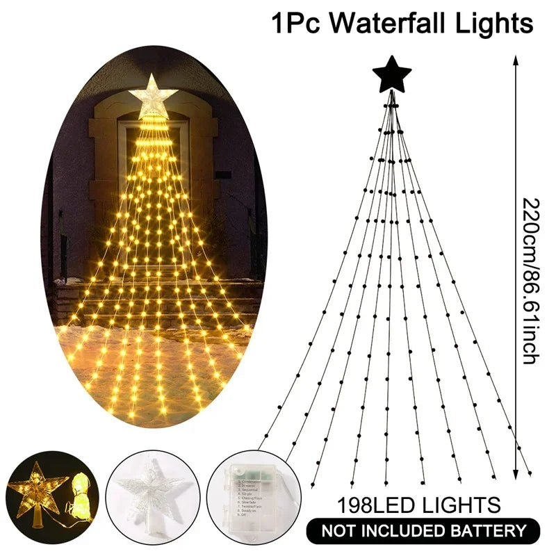 Christmas Waterfall Fairy String Lights with Topper Star, Christmas Tree Decorations for Home 2024 Navidad Natal New Year 2025 Freshtrendingproduct