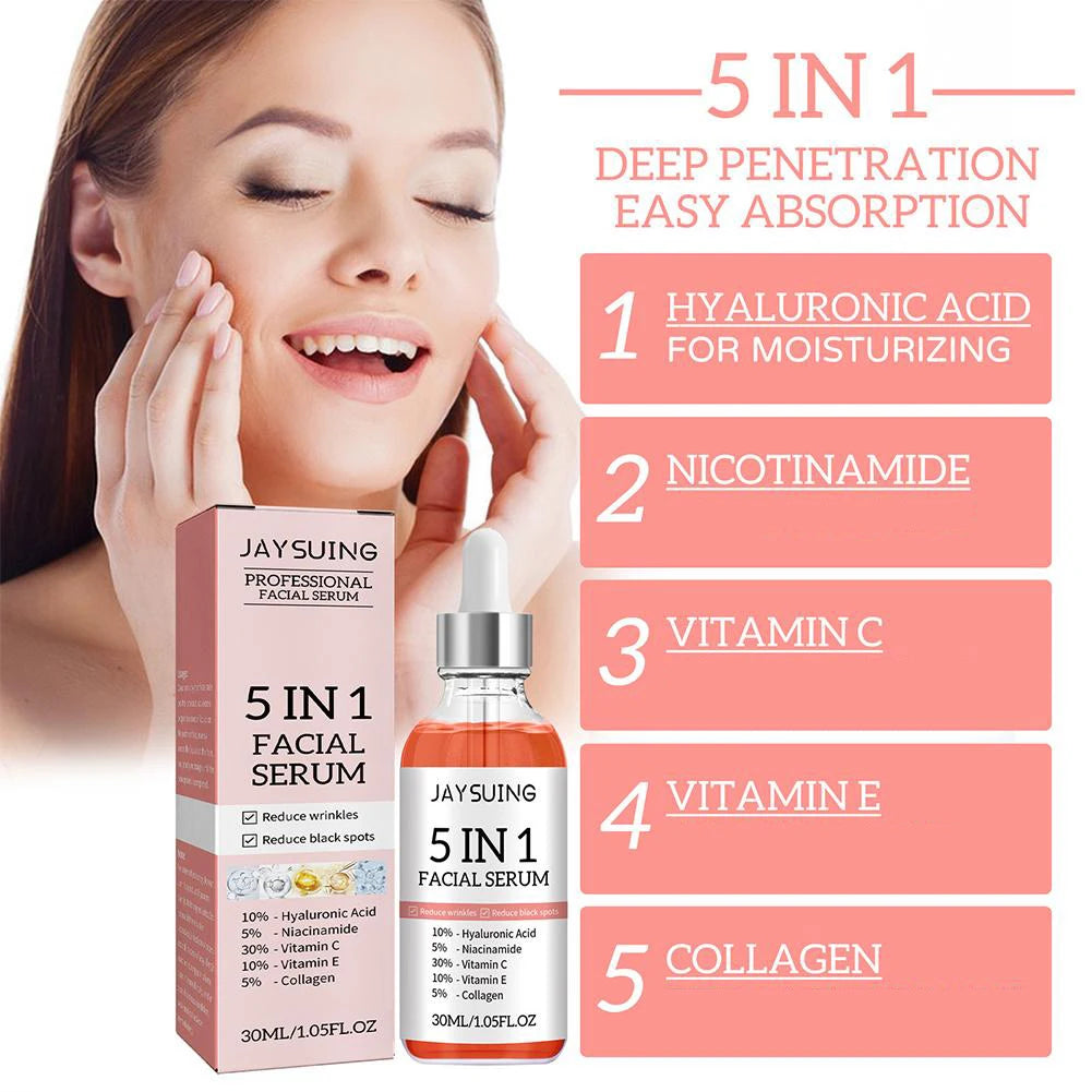 5 In 1 Fade fine lines Firming Face Serum Moisturizing brightning Vitamin C Hyaluronic Acid Facial Serum Shrink Pores Skin Care Freshtrendingproduct