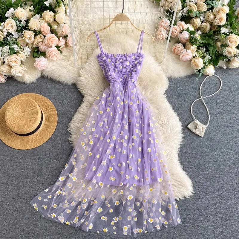 YuooMuoo Women Dress 2024 New Korean Fashion Floral Print Spaghetti Straps Mesh Party Dress Vacation Style Lady Beach Vestidos Freshtrendingproduct