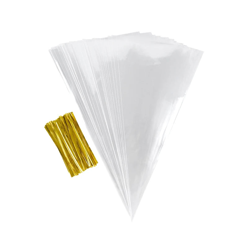 50pcs Clear Cone Candy Storage Bags Cones Transprant Plastic Bag Popcorn Candy Bags for Baby Shower Wedding Party Bags Supplies Freshtrendingproduct