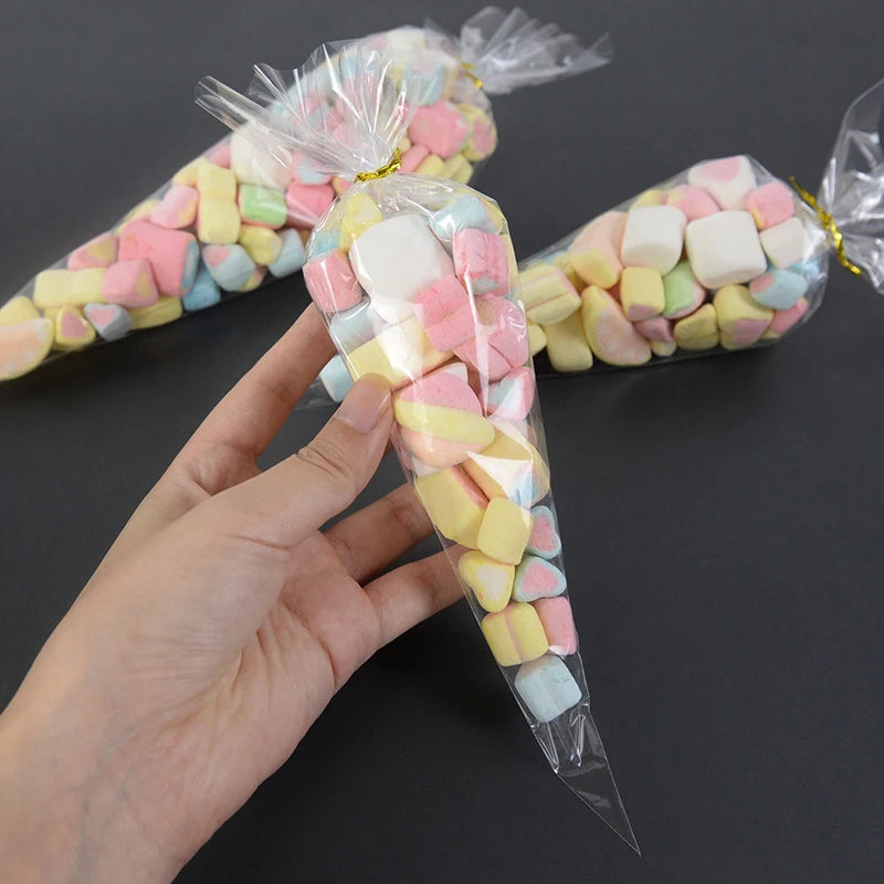 50pcs Clear Cone Candy Storage Bags Cones Transprant Plastic Bag Popcorn Candy Bags for Baby Shower Wedding Party Bags Supplies Freshtrendingproduct