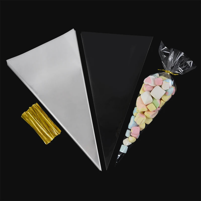 50pcs Clear Cone Candy Storage Bags Cones Transprant Plastic Bag Popcorn Candy Bags for Baby Shower Wedding Party Bags Supplies Freshtrendingproduct