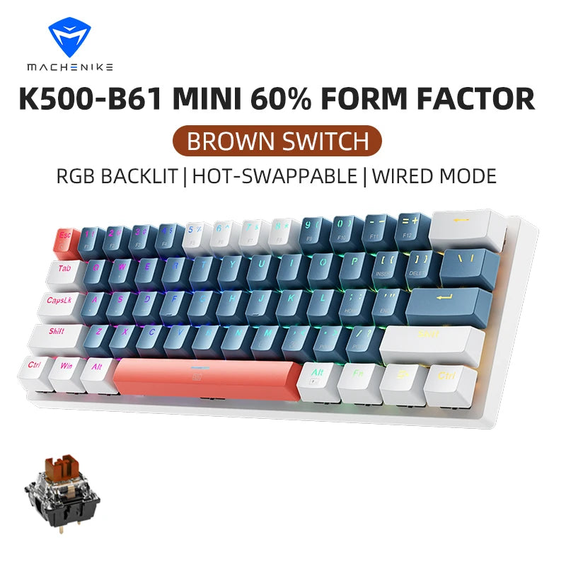 Machenike K500-B61 Mini Mechanical Keybaord 60% Form Factor 61Keys Gaming Keybaord Wired Full Key Hot-Swappable RGB Backlit Freshtrendingproduct