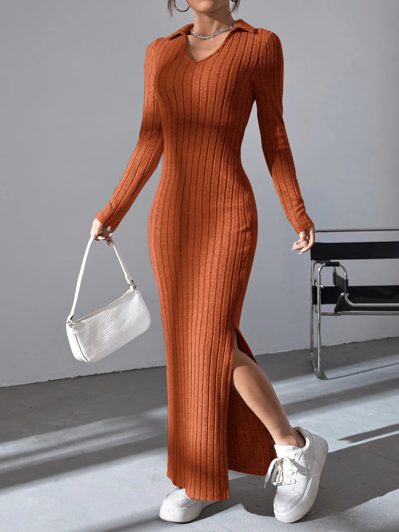 Women sexy knit V-neck reverse neck split dress autumn winter full sleeve elastic basic body sweater Freshtrendingproduct