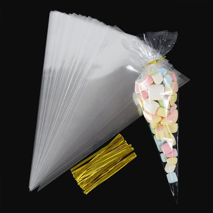 50pcs Clear Cone Candy Storage Bags Cones Transprant Plastic Bag Popcorn Candy Bags for Baby Shower Wedding Party Bags Supplies Freshtrendingproduct