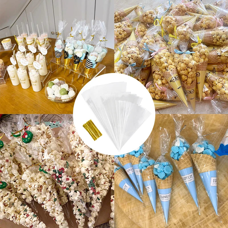 50pcs Clear Cone Candy Storage Bags Cones Transprant Plastic Bag Popcorn Candy Bags for Baby Shower Wedding Party Bags Supplies Freshtrendingproduct