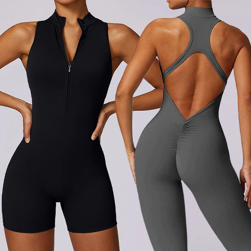 Scrunch Gym Jumpsuit Women's Fitness Suit Short Sets Sports Overalls for Woman Tracksuit Yoga Clothing Zipper Workout Sportswear Freshtrendingproduct