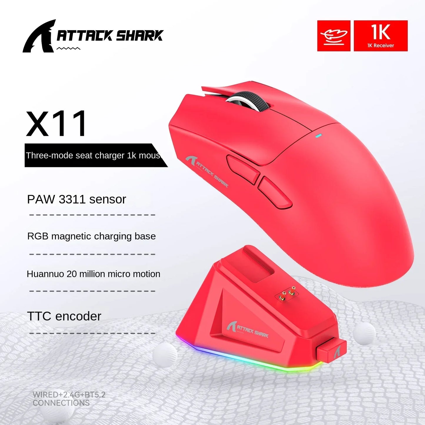 Attack Shark X11 PAW3311 White Bluetooth Mouse, Triple Mode Connectivity, Touch Magnetic Charging Dock, Ultra-Light Gaming Mouse Freshtrendingproduct