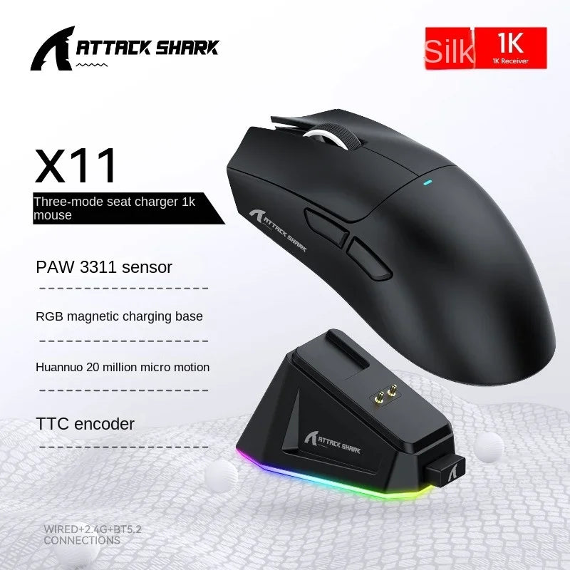 Attack Shark X11 PAW3311 White Bluetooth Mouse, Triple Mode Connectivity, Touch Magnetic Charging Dock, Ultra-Light Gaming Mouse Freshtrendingproduct