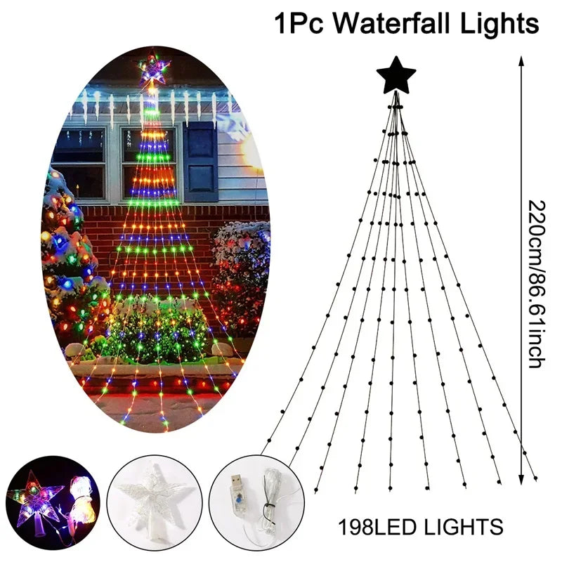 Christmas Waterfall Fairy String Lights with Topper Star, Christmas Tree Decorations for Home 2024 Navidad Natal New Year 2025 Freshtrendingproduct