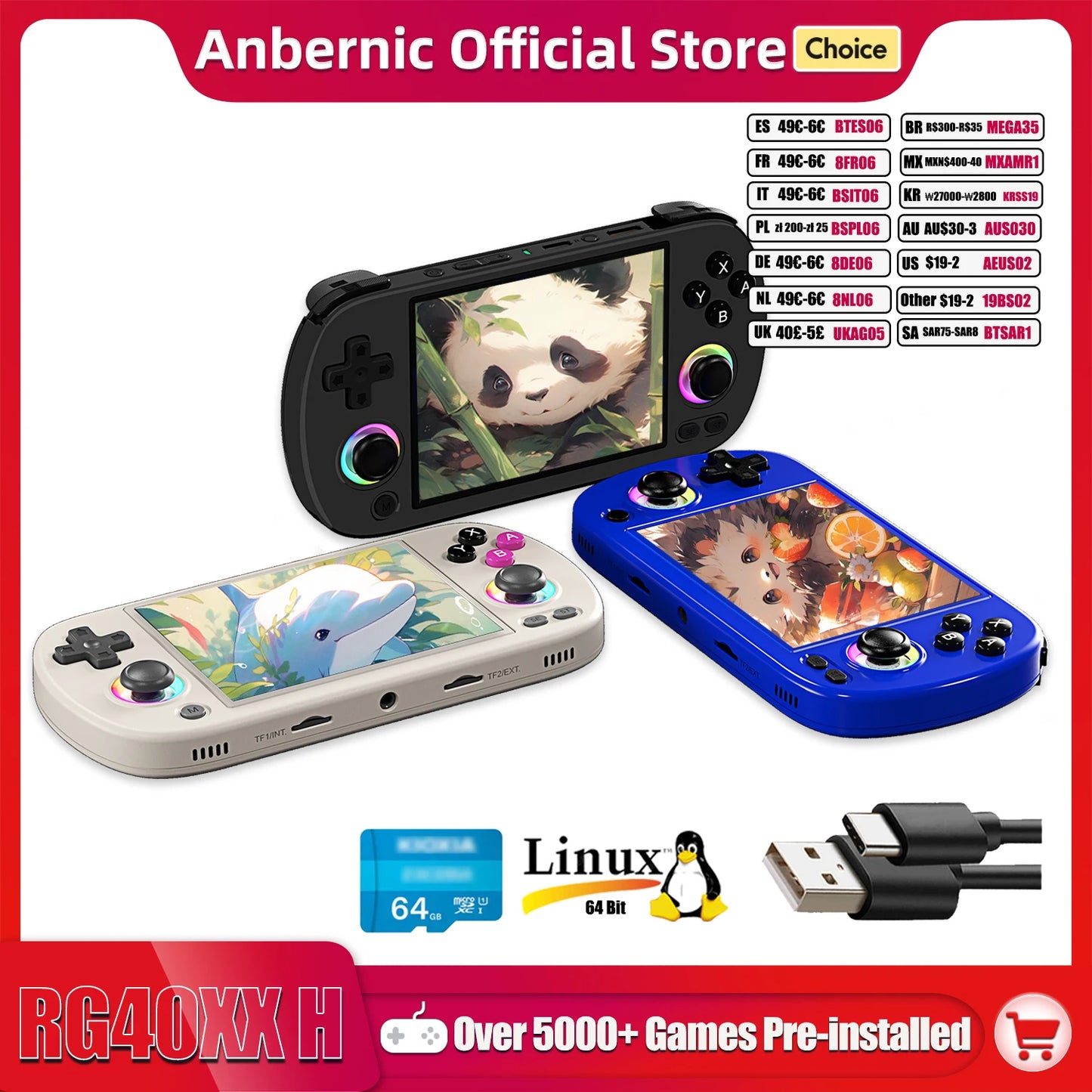 ANBERNIC RG40XX H Handheld Game Console 4.0-in 640*480 IPS Screen 3200mAh 64 Bit System With RGB Light Built in 5K+Games RG40XXH Freshtrendingproduct