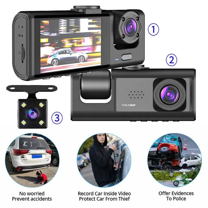 Dash Cam W/ IR Night Vision Loop Recording & 2" IPS Screen 1080P 3 Camera ， DVR recorder, video recorder, Vehicle DVR Freshtrendingproduct